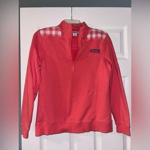 Women’s Vineyard Vines light pink 1/4 zip top with plaid shoulder embellishments